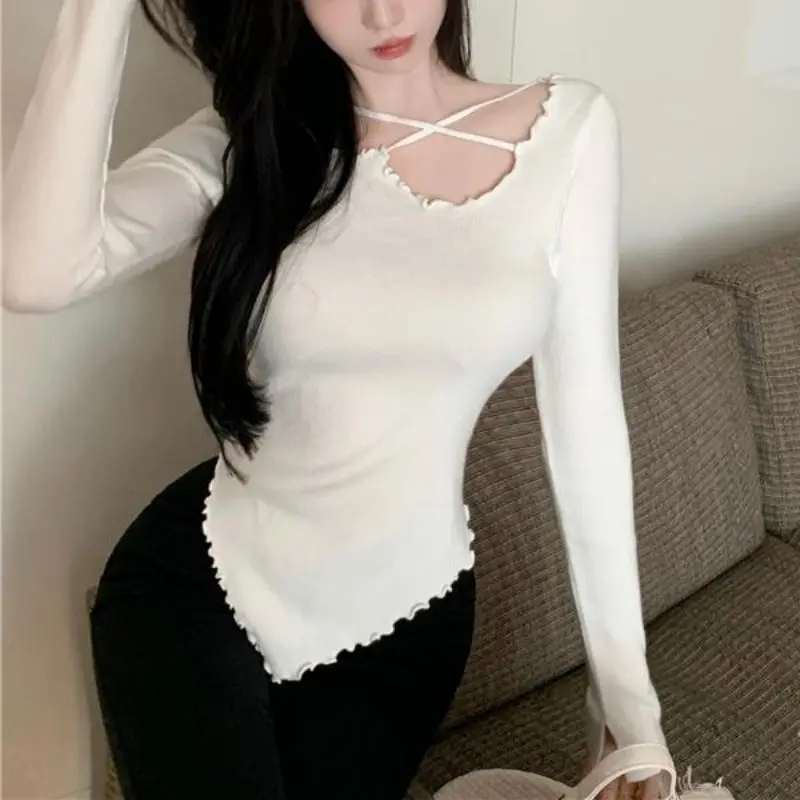 

New Slim Fit Wooden Ear off-Shoulder Irregular Knitwear Top Sweater Bottoming Women's Autumn Long Sleeve Inner Wear