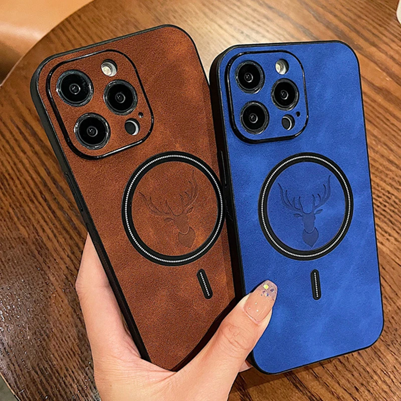 Luxury Deer Pattern Cortex Magnetic Circle Phone Case For iPhone Wireless Charging Magsafe 11 12 13 14 Pro Max Plus XS XR Cover_voghion.com