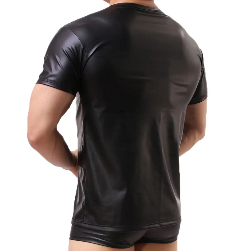 Men Shirts Faux Leather Short Sleeve T Shirts PU Leather Sexy Fitness Tops Gay Latex T-shirt Gay Stage Tee Sexy Party Clubwear