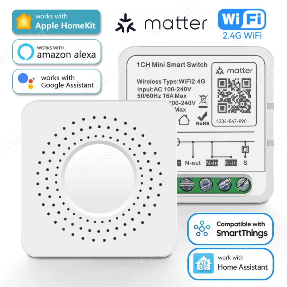 Matter WiFi Smart Switch for Homekit Smartthings Home Assistant 16A Smart Home Automation Relay Module Works with Alexa Google