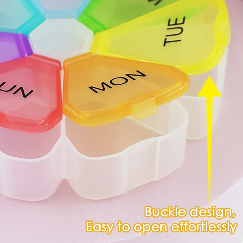 Circular Portable Seven Grid Medicine Box Transparent Colored Black and White Petal Tablets Storage and Packaging Medicine Box medicine storage box