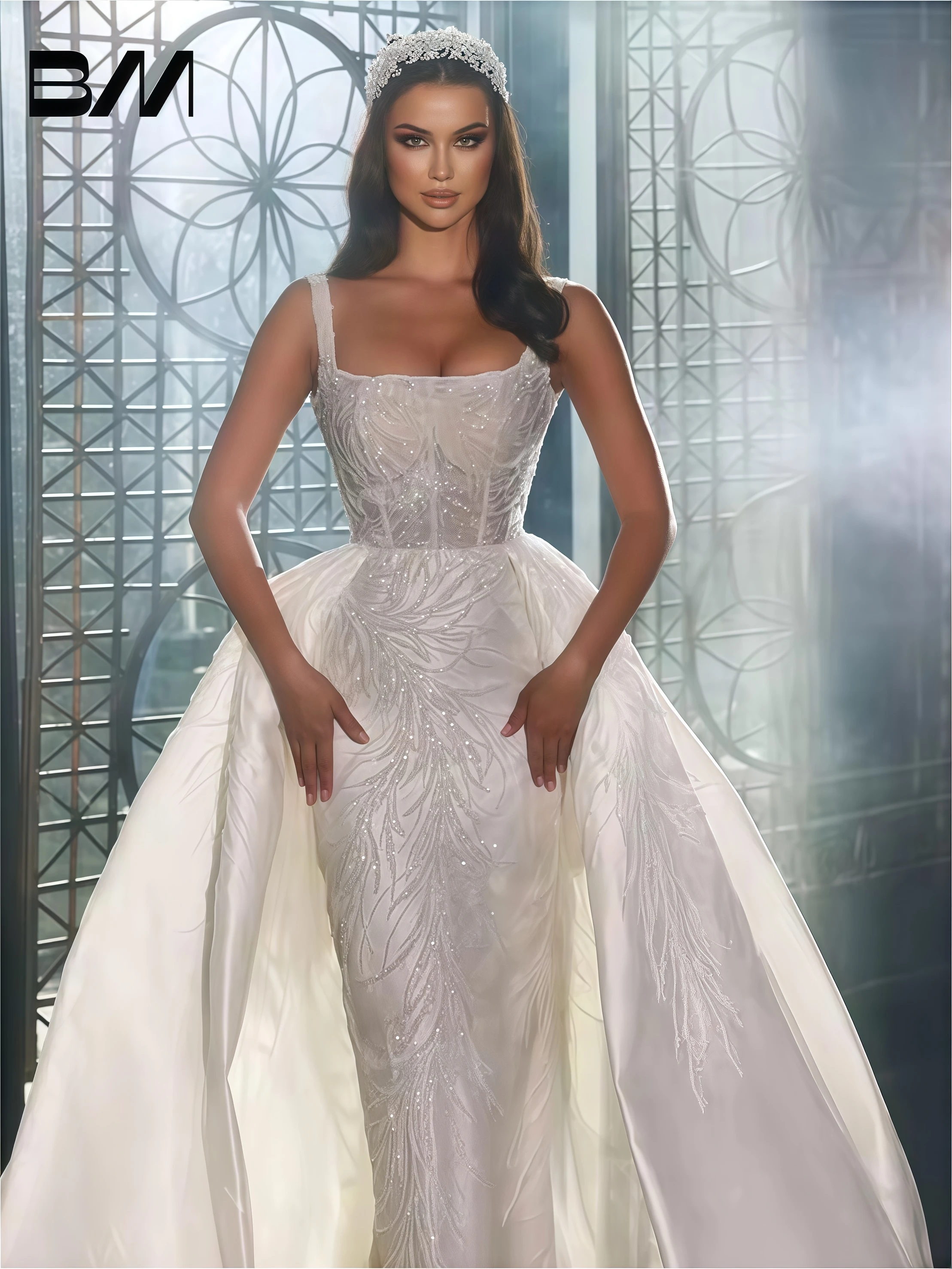 Square Neckline Corset Bodice Satin Gown with Train Teal