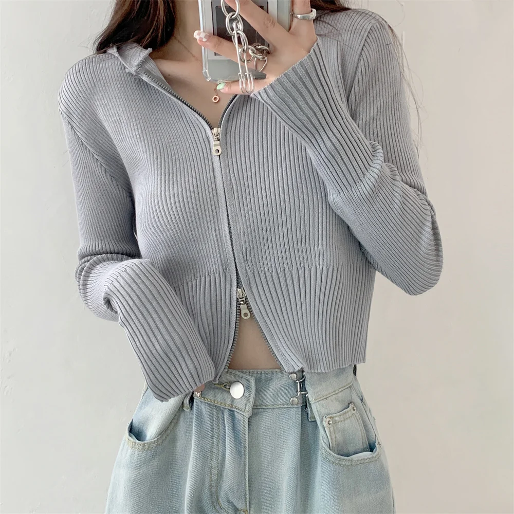 

Zipper Sweater Hooded High Waist Slim Cardigans Tops Sweaters Women New Stylish Femme Chic Office Lady Autumn Hot All Match