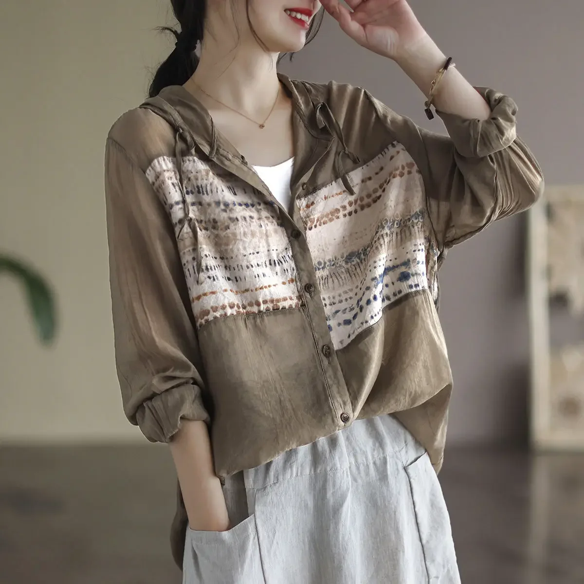 Cotton and Linen Hooded Shirt Retro Women's Long Sleeve Top Thin Jacket Printing Leisure Women's Cardigan Sun Protection Shirt 50sheets a4 a5 b5 blank horizontal line paper retro thicken kraft paper eye protection chinese envelope paper vintage stationery