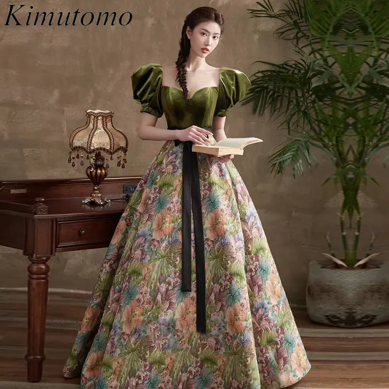

Kimutomo Elegant Velvet Floral Vestido Dourado Longo Puff Short Sleeve Square Collar Evening Dress Lace Up Bow Green Long Dress