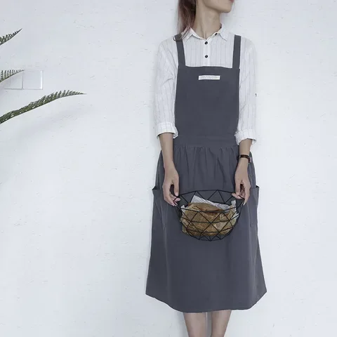 

Nordic Cotton Women Pleated Skirt Aprons Kitchen Restaurant Cooking Aprons With Pocket Work Apron Waiter Kitchen Cook Tool U1888