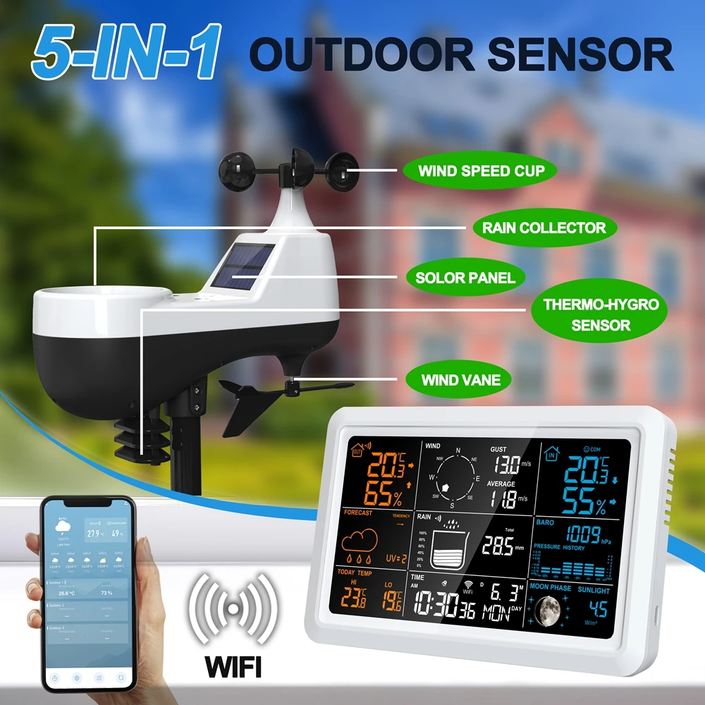 Tuya Wireless Weather Station Auto Alarm Clock Calendar Thermo-Hygro UV Sunlight Wind Rainfall Gauge Solar Panel Forecast Sensor
