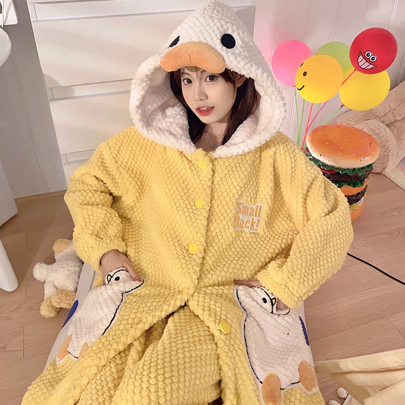 

Winter Thick Women Pajamas Long Night-robe Sleepwear Hooded Thick Pyjamas Velvet Two-Piece Pijama Suit Mujer Bathrobe