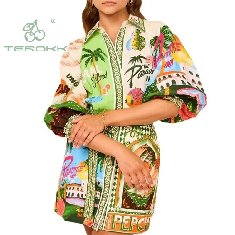 

3/4 Length Sleeve Women Tops Tshirt Dresses Floral Tie Up Waist Mini Dress Lantern Sleeve Lapel Loose Beach Party Cardigan Dress