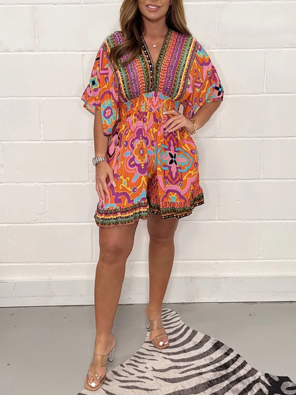 

2024 Summer New Woman Ethnic Style Printed V-neck Jumpsuit Ladies Fashion Retro Half Sleeve One Piece Shorts Women Rompers Femme