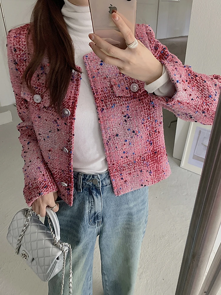 

Korean Fashion Pink Tweed Jacket Women Autumn Winter Elegant Vintage O Neck Long Sleeve Coat Outerwear Tops