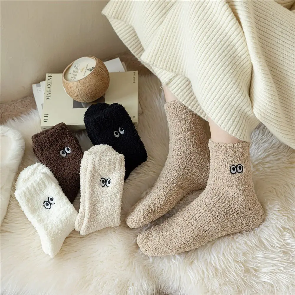 

Cute Eyes Plush Socks Women Men Winter Thickened Middle Tube Socks Solid Color Sleep Socks Funny Home Floor Socks Warm Hosiery