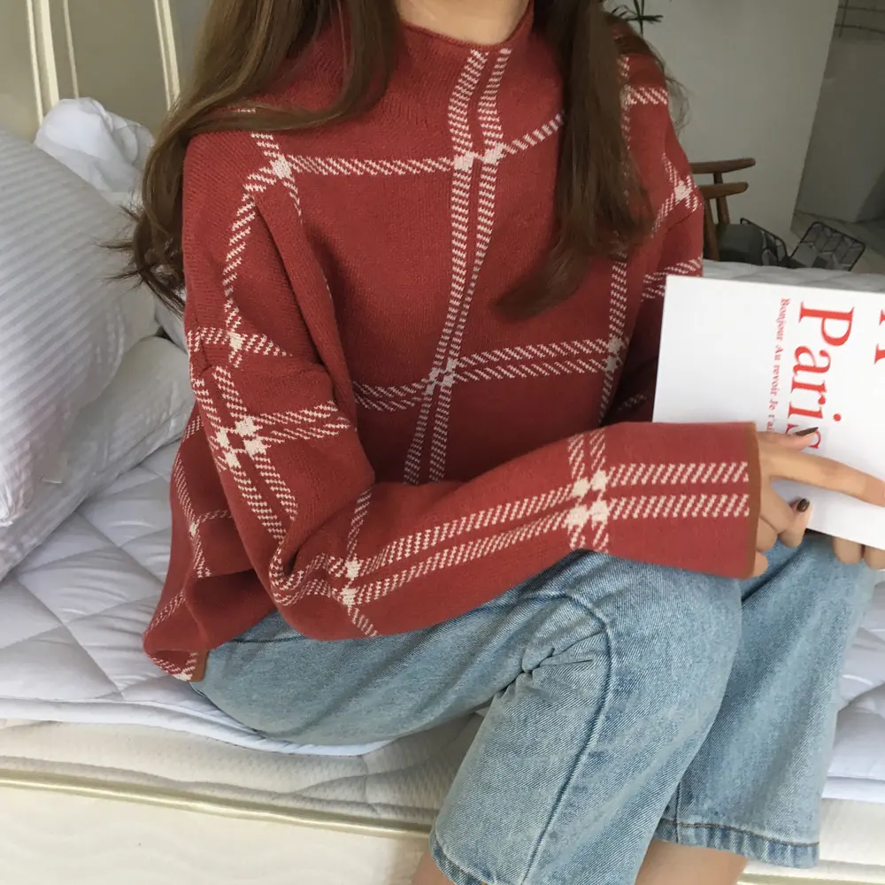 

2024 Women Winter Warm Korean Chic Pullovers New Xmas Knitted Sweater Casual Rec Black Fashion Plaid Turtleneck Loose Knit Tops