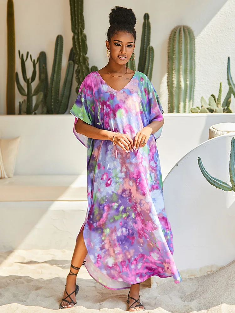 

EDOLYNSA Plus Size Kaftan Dress 2023 Women Loose Bathing Suit Cover Up 2023 Summer Casual Outfit Bohemian Resort Swimwear Q1329