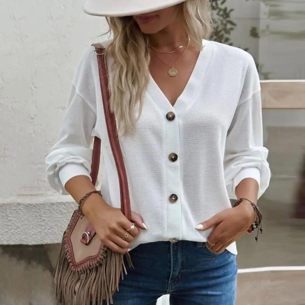 

Comfortable Women T-shirt Chic Cozy Autumn/winter Women's V-neck T-shirts Loose Fit Single Breasted Waffle for Effortless