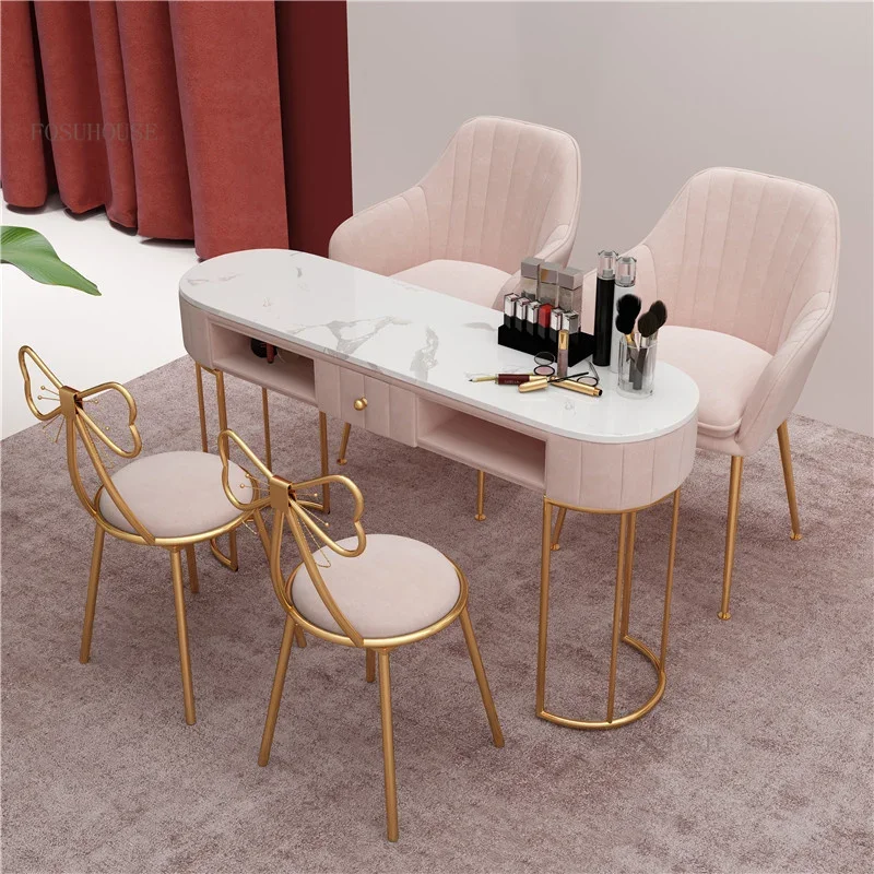 Light Luxury Marble Nail Table for Salon Furniture Modern Single Double Manicure desk Chair Set nail table