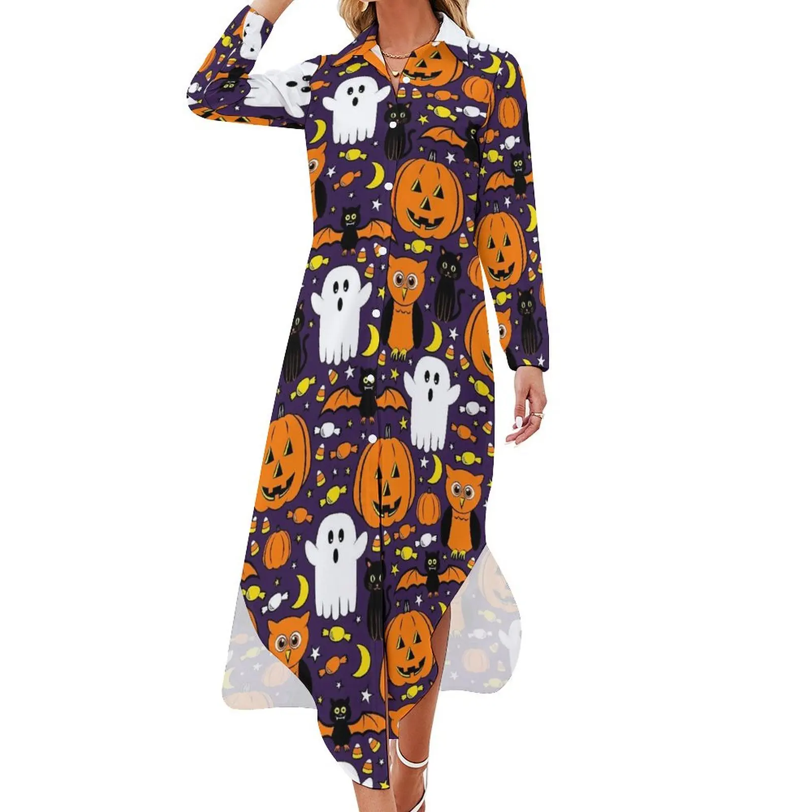 

Happy Haunts Chiffon Dress Ghost And Pumpkin Beach Dresses Ladies Long Sleeve Street Fashion V Neck Big Size Casual Dress