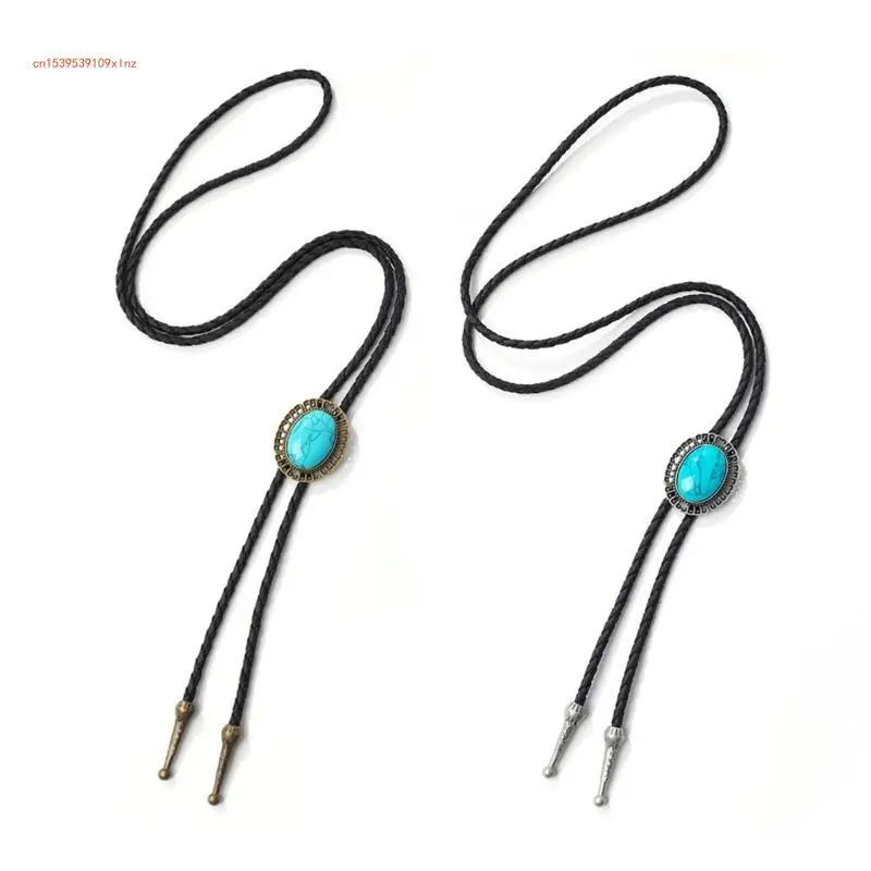 

Bolo Tie for Male Western Cowboy Necktie with Elliptic Turquoises Buckle Decors