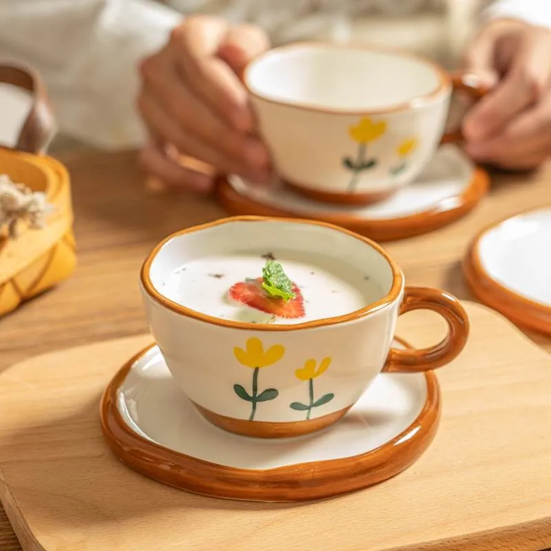 

Cute Handmade Irregular Ceramic Camellia Coffee Cup With Saucer Creative Hand Painted Flower Tea Cup Set Home Office Tableware