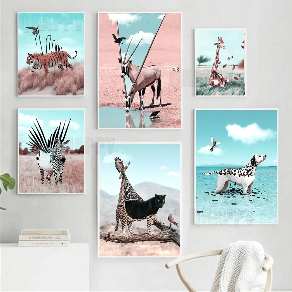 

Animals Surreal Poster African-Oryx Antler-Harp Black-Leopard-Spots Wall Art Canvas Painting Flamingo Printing For Home Decor