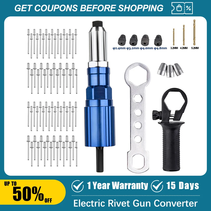 Electric Riveting Gun Adapter 2.4mm-4.8mm Rivet Nut Gun Drill Bit Nozzle Cordless Riveting Tool Conversion Connector Power Tools rivet gun rivet nut tool rivet gun set