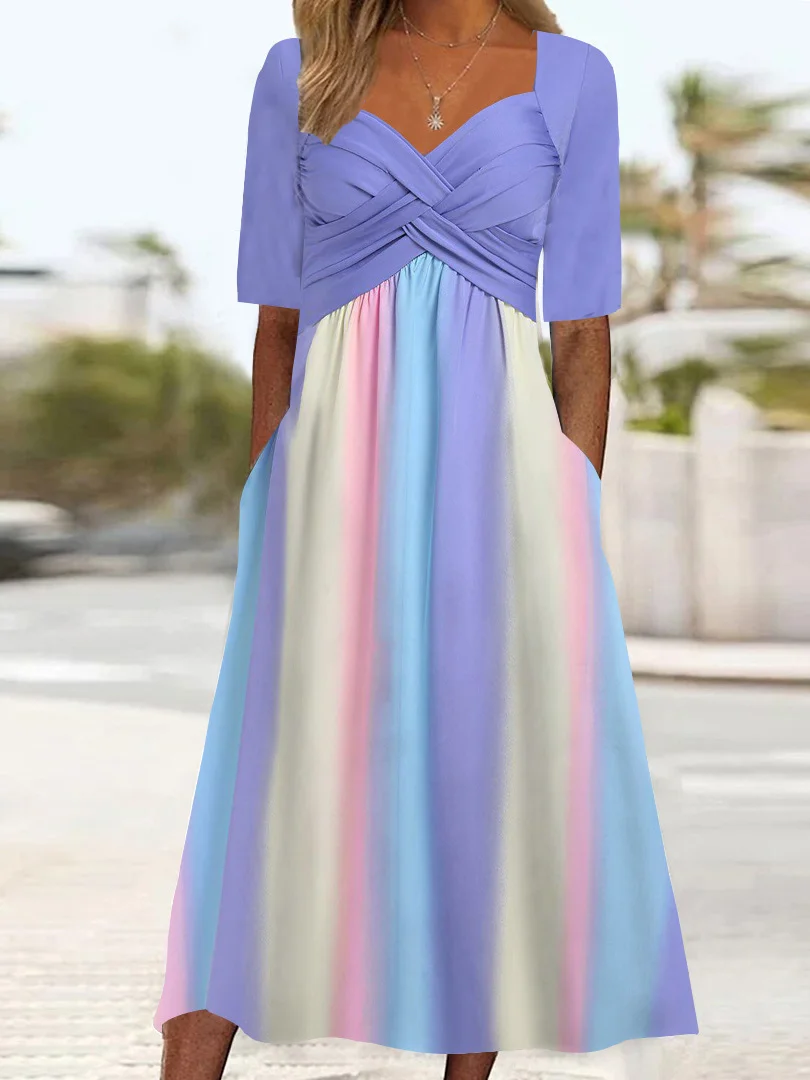 

Plus Size Women Half Sleeve V-neck Colorblock Stitching Midi Dress