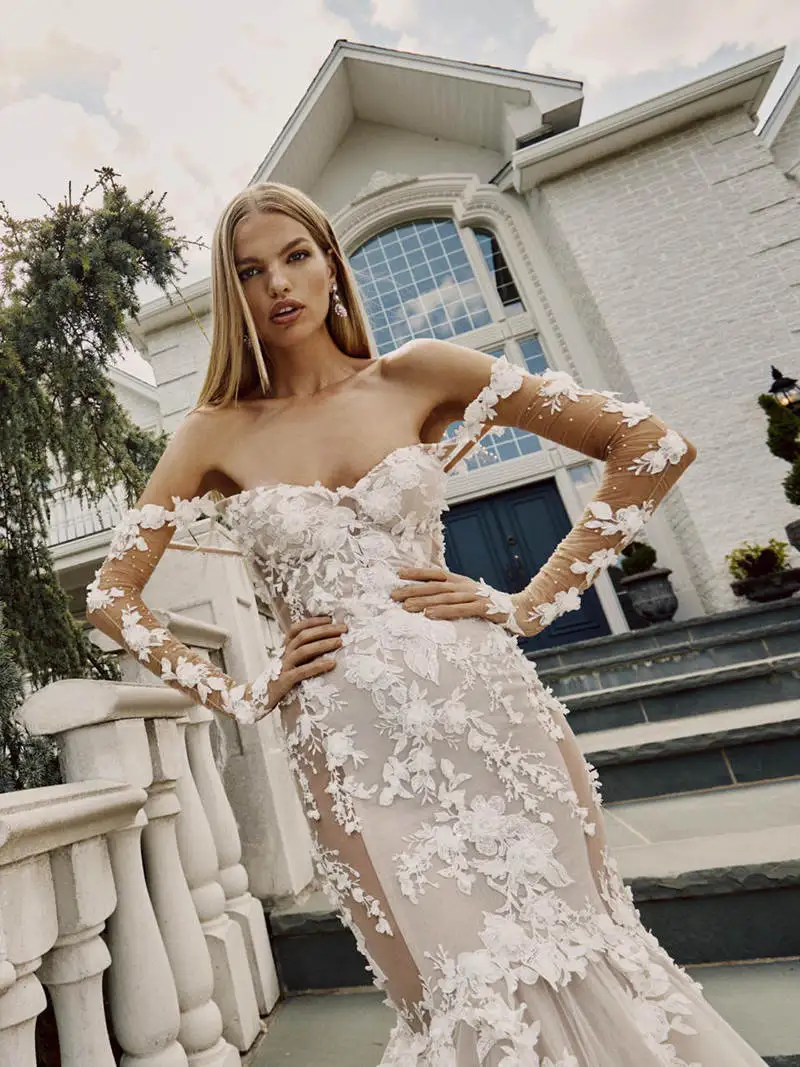 chinese dress ladies Long Sleeve See Through Mermaid Sexy Bridal Gowns Wedding Party Dresse –  AlineBridal main image 0