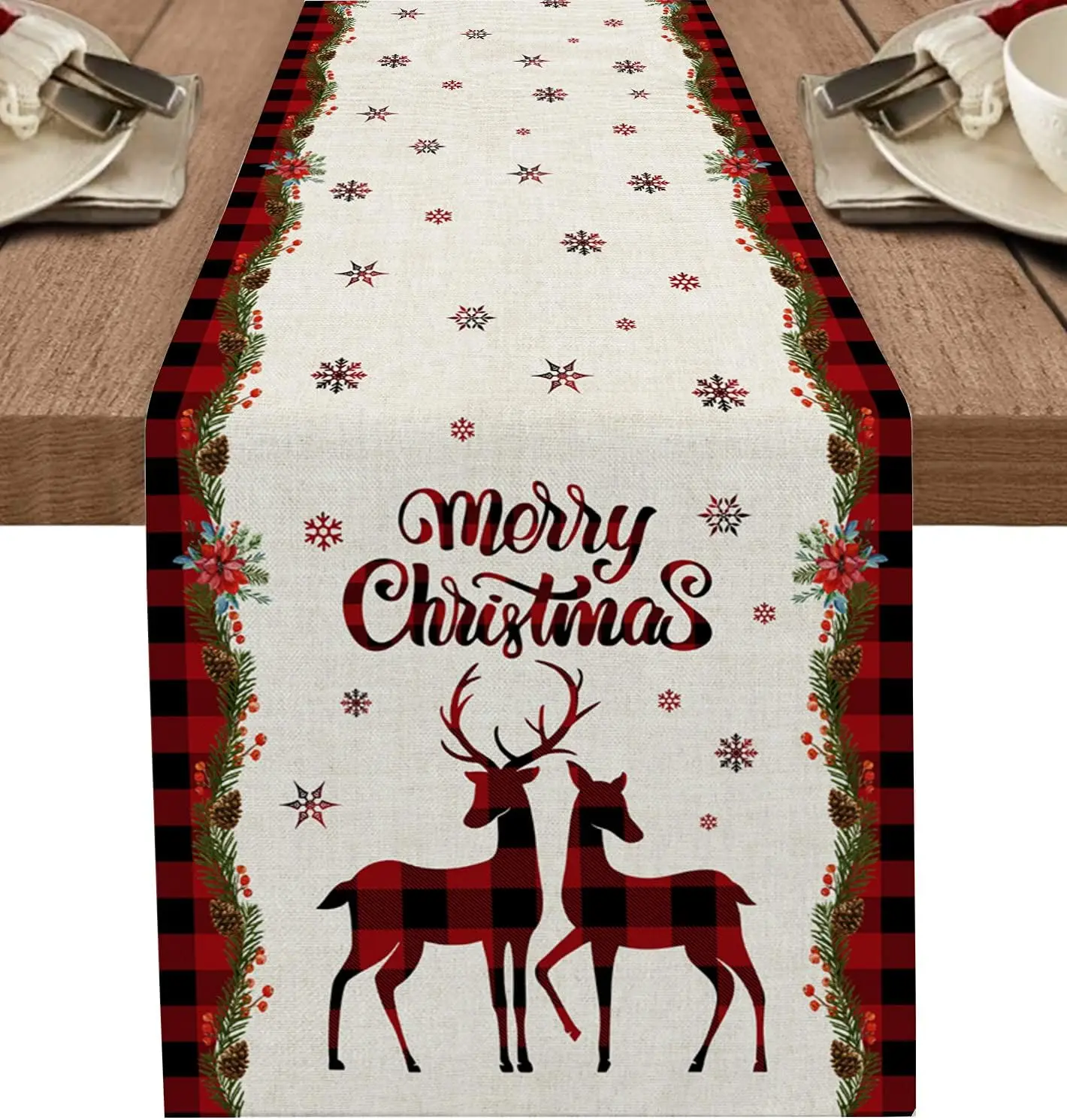 

Christmas Deer Elk Snowflake Linen Table Runners Holiday Party Decor Reusable Table Runners for Dining Table Navidad Decorations