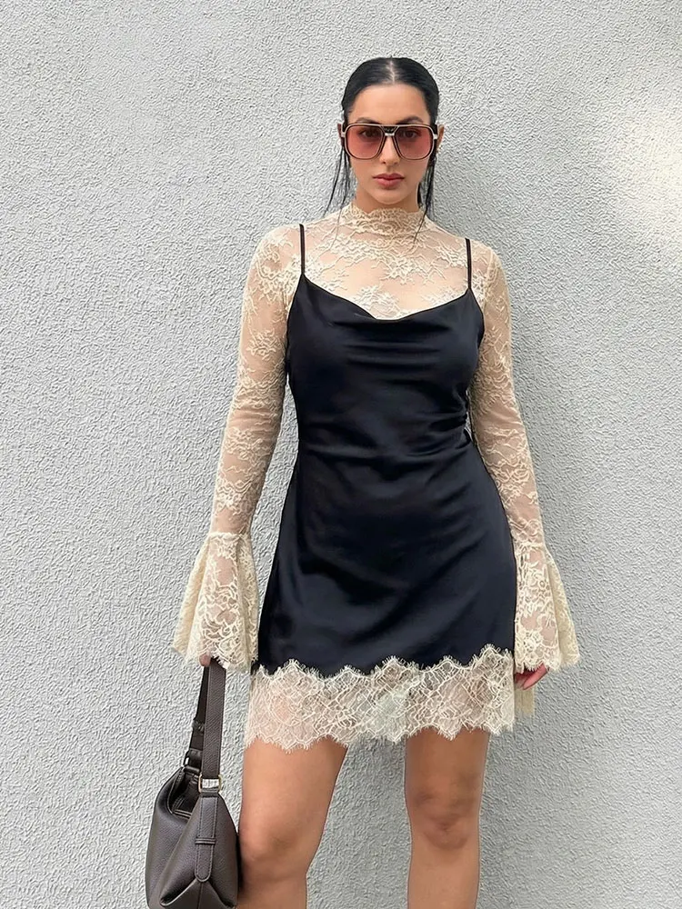 HH Women Elegant Fashion Lace Patchwork Dress Flare Sleeve Slim Mini Dresses 2026 Spring Summer Lady Sexy Party Evening Dress
