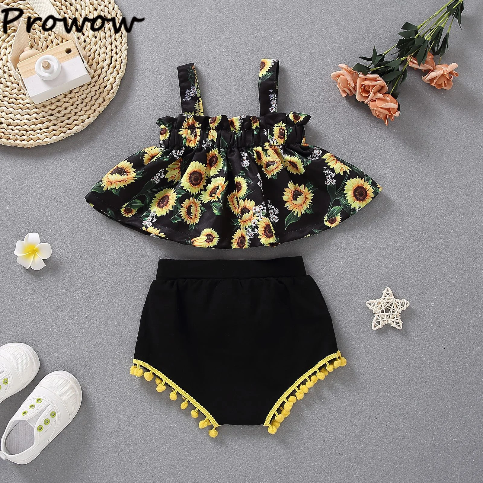 Prowow 0-12M Baby Girls Clothes Outfits Sets Sunflower Sling T-shirts Tassel Bow Shorts 2PCS Summer Newborn Girls Clothing Set vintage Baby Clothing Set