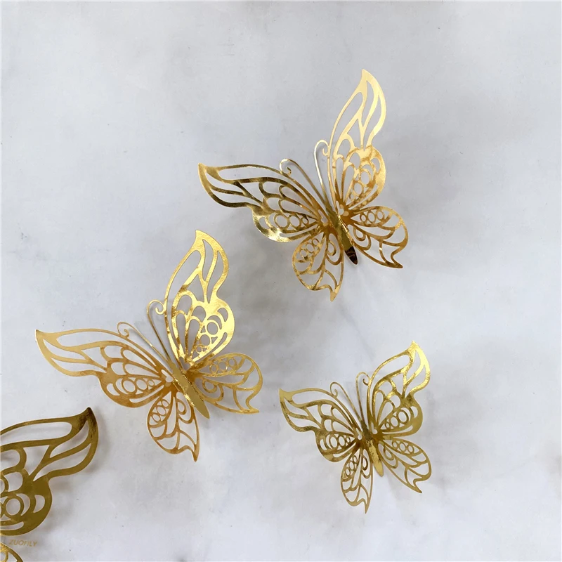 12Pcs/Set 3D Hollow Butterfly Wall Sticker Gold Silver Rose Wedding Decoration Living Room Home Decor Butterflies Decal Stickers 5