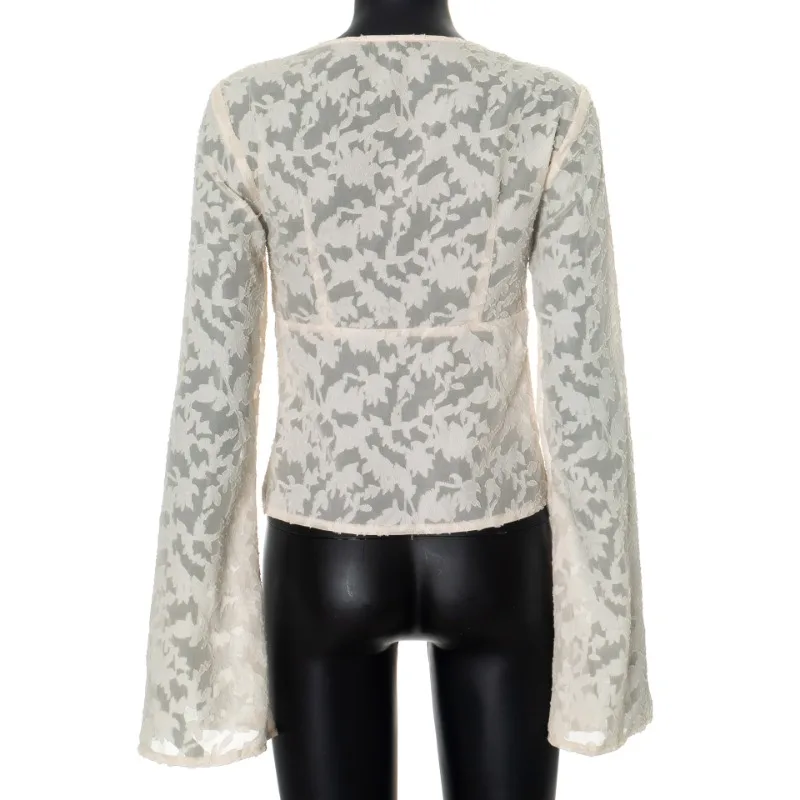 Lace Printed See-Through T-shirt Cardigan Top Female Lace-Up Patchwork Sexy Cropped Y2k Top Tee Women's Bandage Top