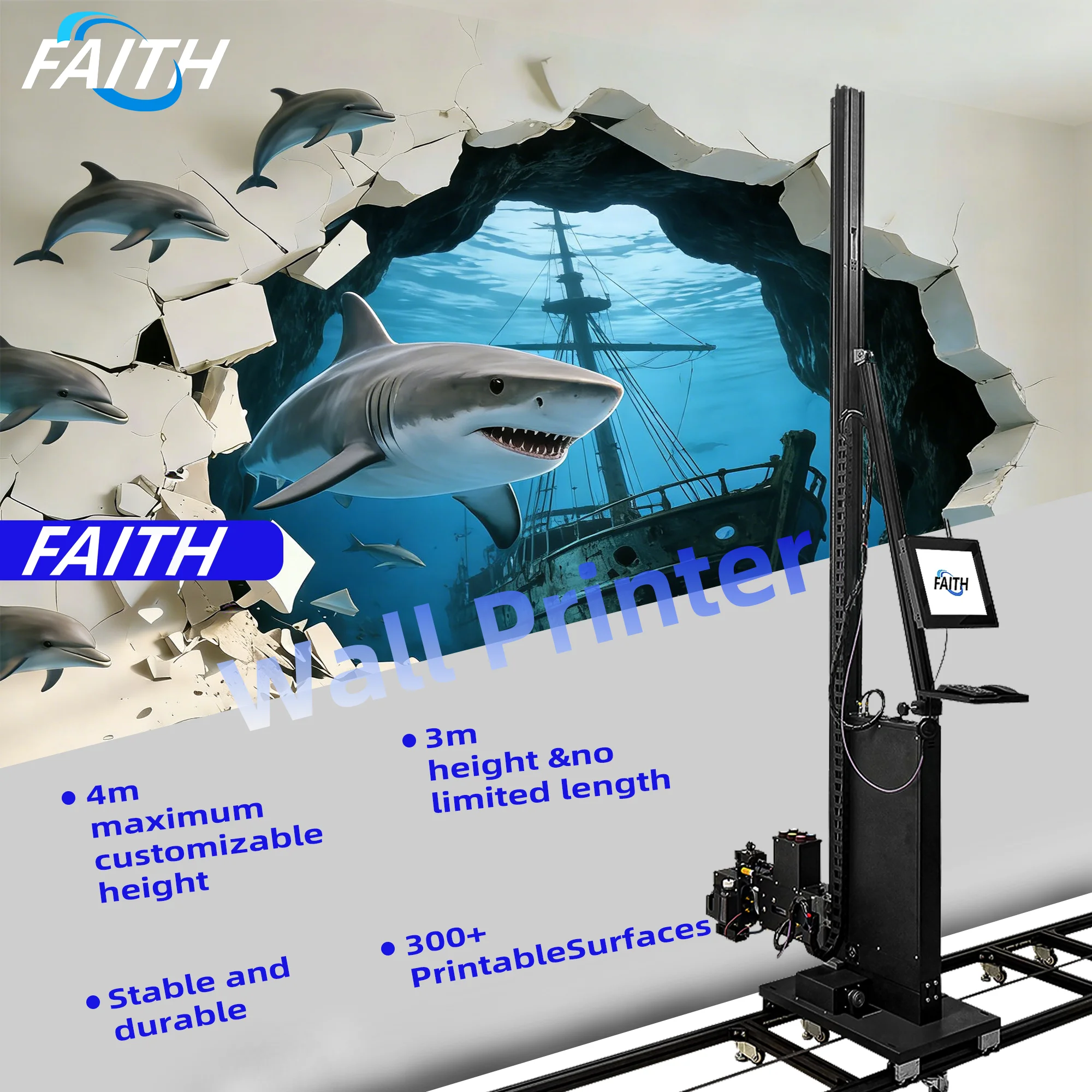 Faith KD260-5 휴대용 3D 벽화 프린팅 기계 고정밀 UV 잉크 벽화 프린터 (실내외 광고용)