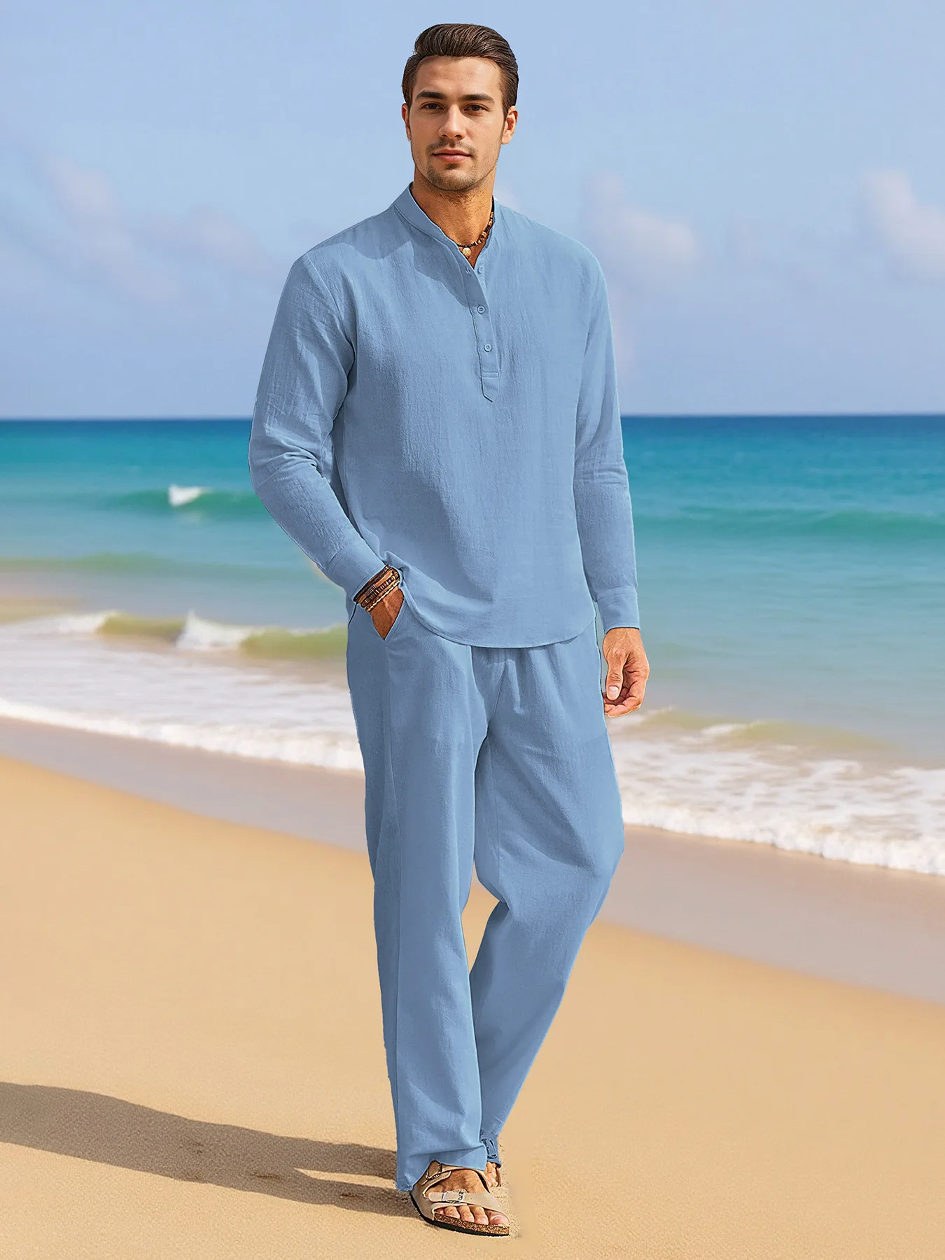 Herren Sommer Leinen Einfarbiges Stehkragen-Hemd und Hose mit Kordelzug Set Sportliches Dünnes Freizeit-Outfit mit Langen Ärmeln in Übergröße – Detail 17