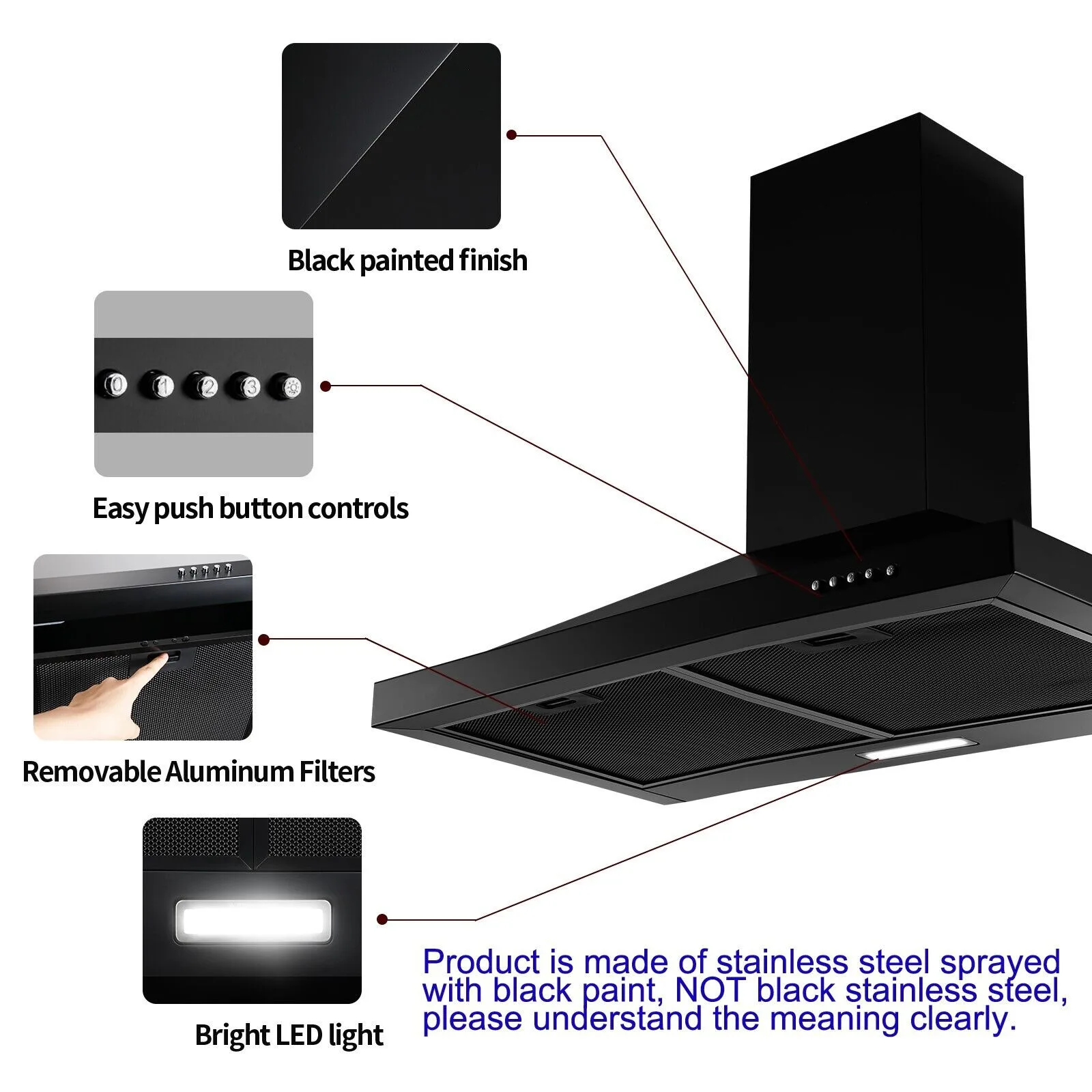 Tieasy 450CFM 24-inch Wall Mount Vent Stainless Steel Fan with LED Light Range Hood USGD1760BPA 6