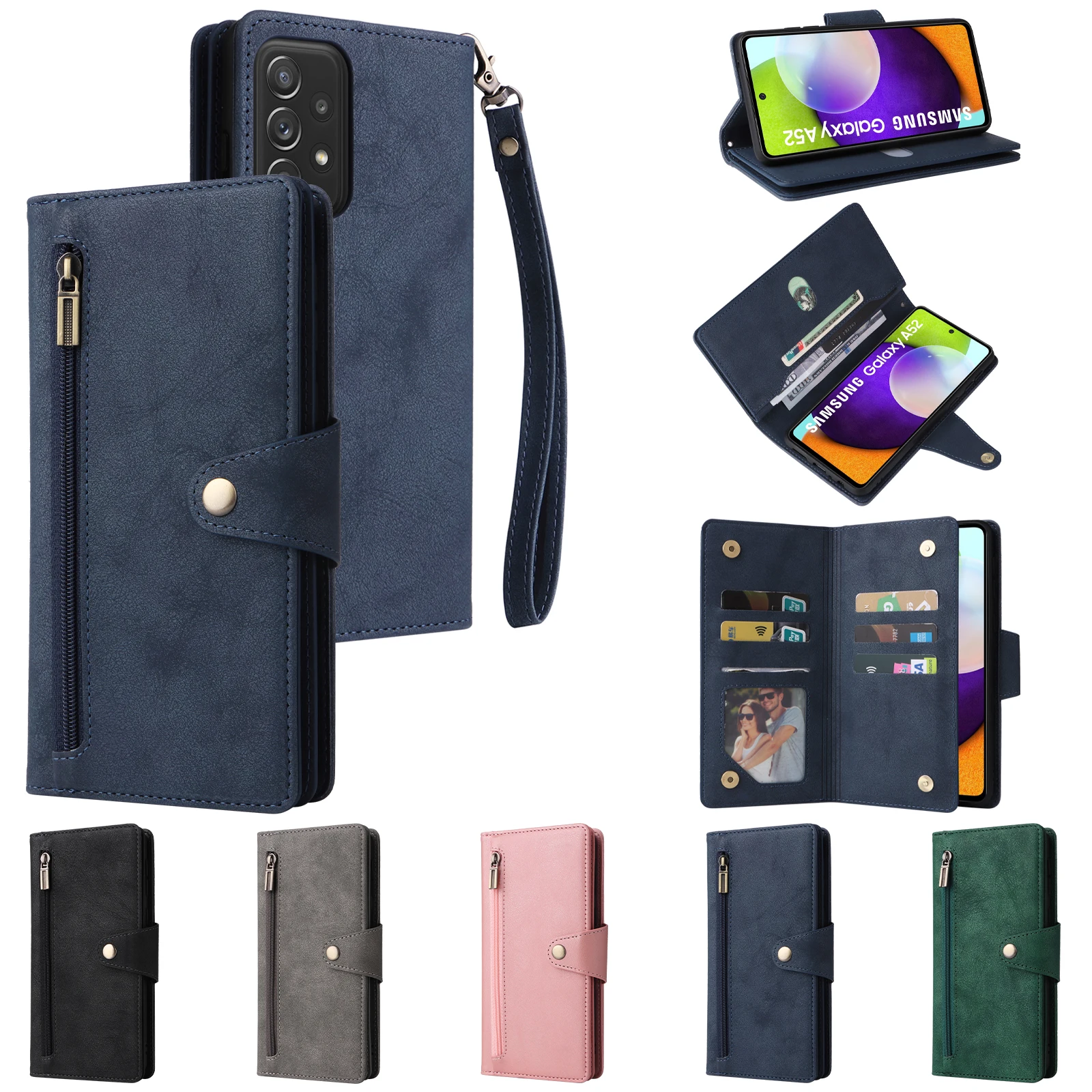 Premium Multi-Card Zipper Kickstand Magnetic Flip Leather Wallet Case