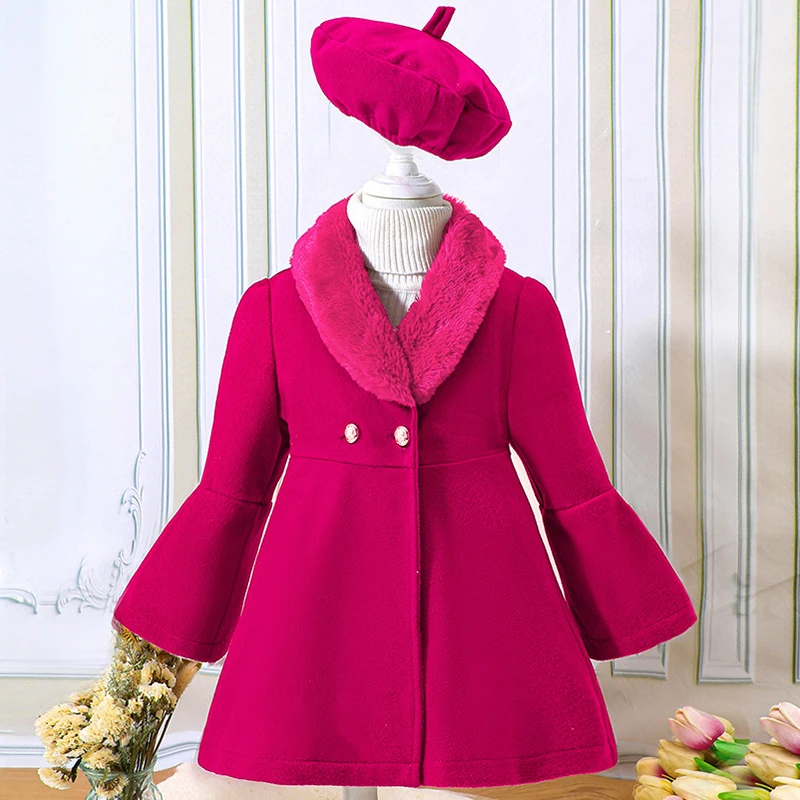 Girls Winter Coat Girls Outerwear Children's clothing for small and medium-sized girls winter style solid color patchwork fur collar woolen warm coat jacket