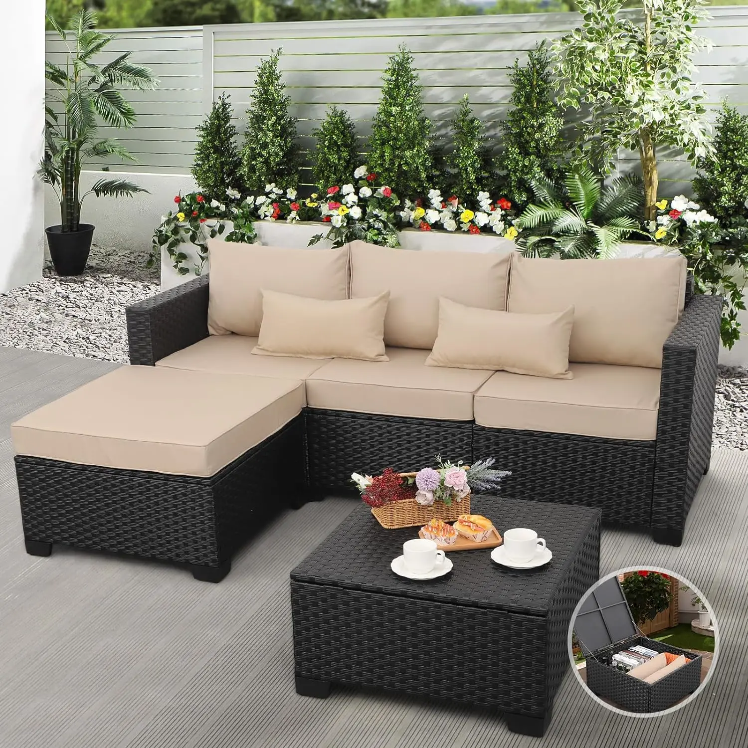 

Outdoor Furniture Set 3 Pieces Wicker Patio Furniture Outdoor Sectional Patio Couch Outdoor Coffee Table with Storage