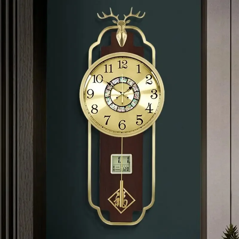 Wall Clock New Chinese Brass Living Room Home Solid Wood Luxury Chinese Style Silent High-end Watches Home Decoration