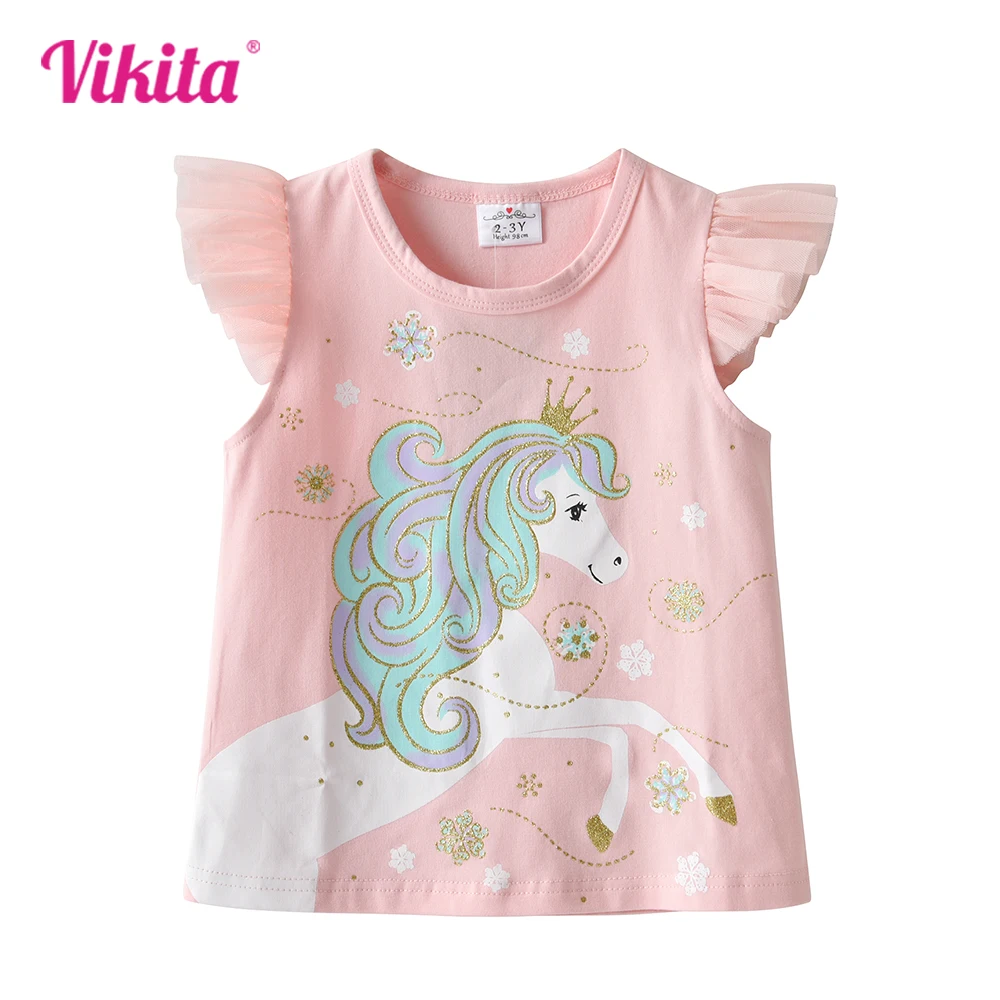 

VIKITA Girls Unicorn Cartoon Print T Shirt Kids Flare Sleeve Summer Pink T Shirts Girls Cotton Casual School Daily Princess Tops