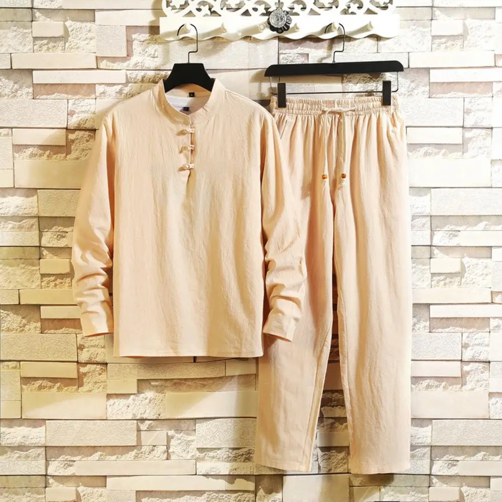

1 Set Spring Autumn Top Pants Close Fit Solid Color Round Neck Chinese Style Two Pieces Set for Office Cotton And Linen Shirts