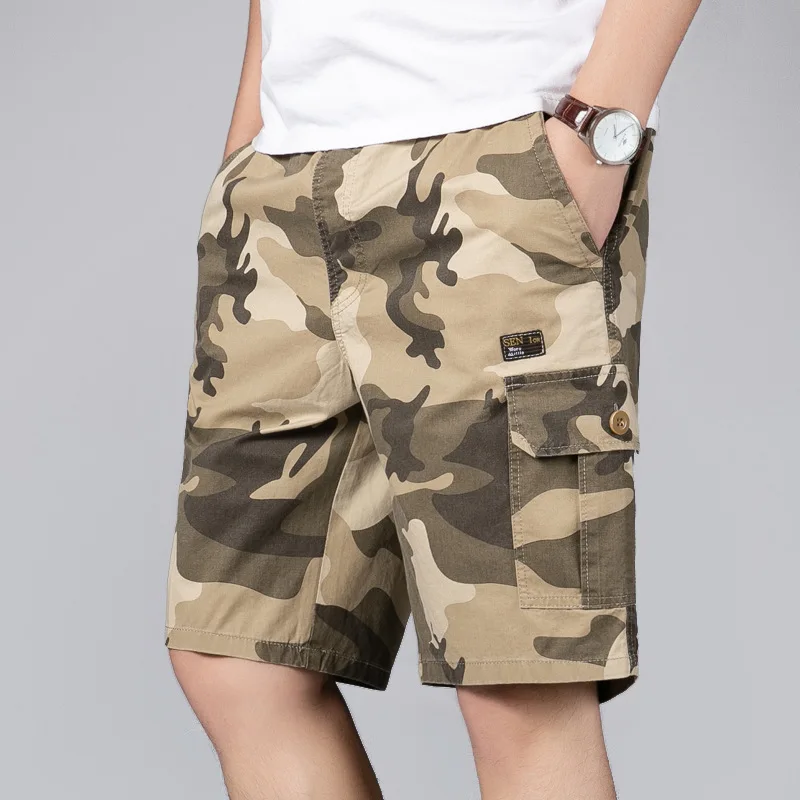 

Summer Cargo Shorts Men Overzied Fitness Gym Casual Elastic Waist Sportswear Shorts Male Homme Camouflag Knee Length Male Shorts