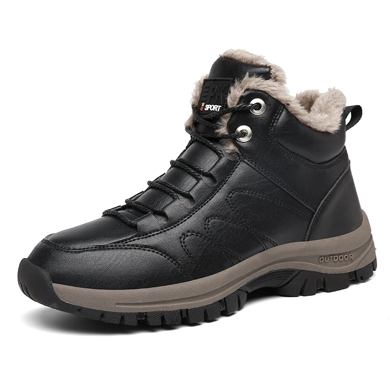 Winter Men Boots Thick Plush Warm Leather Boots Winter Black Casual Shoes Sneakers Ankle Hiking Boots