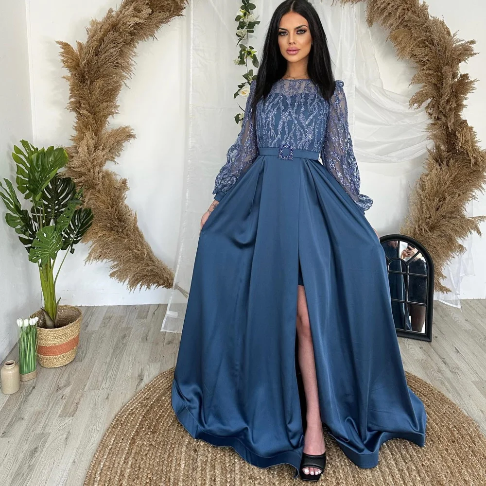 

OEING Boat Neck Elegant Robe De Soirée Glitter Custom Made Evening Gown Long Sleeves A-Line High Split Party Dress Prom Dresses