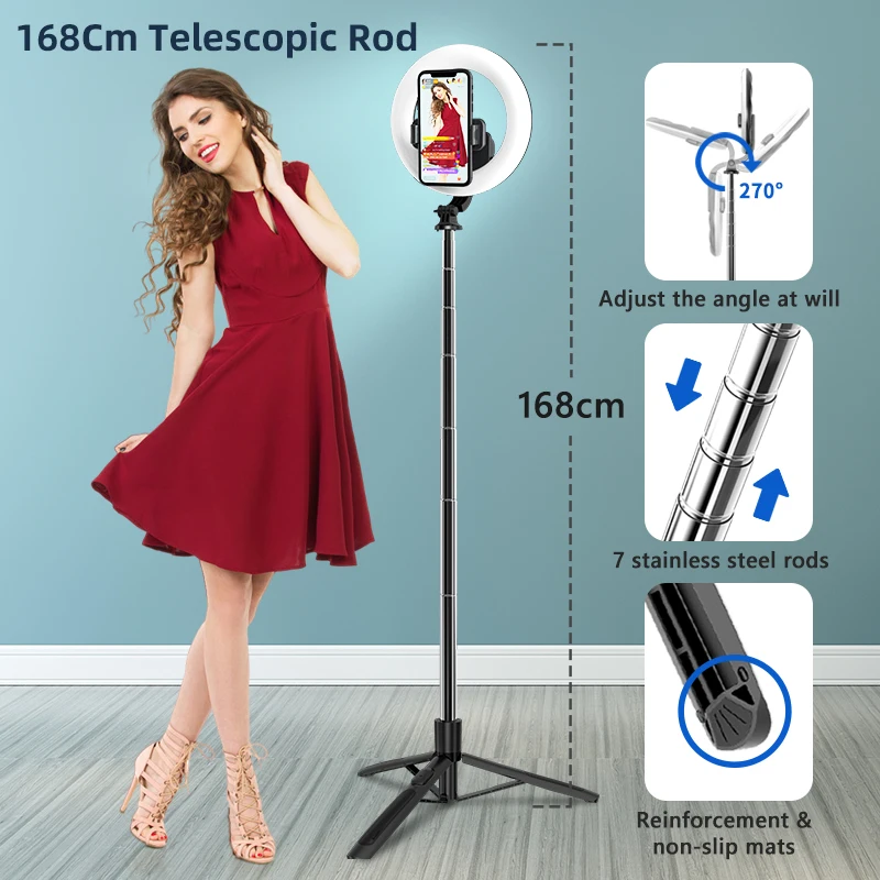 Selfie Stick with inch Ring Light 1680mm Foldable Tripod with
