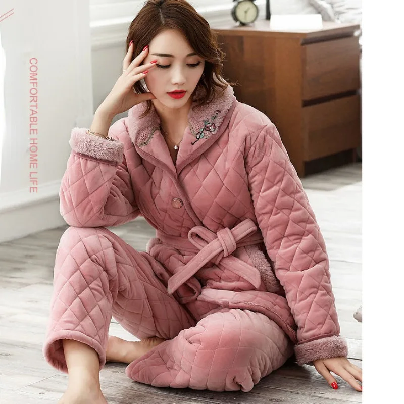 2024 New Pajama Women Winter Thicken Velvet Loungewear Warm Coral Velvet Lace-up Homewear Set Three Layers of Cotton Sleepwear