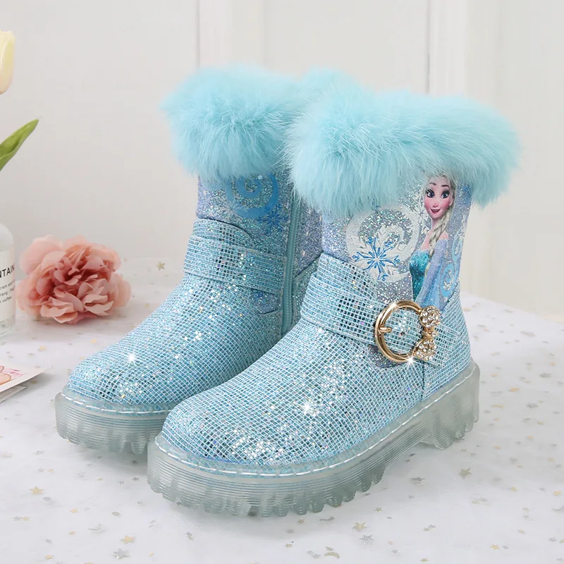 Disney Frozen Elsa Princess Kids Cartoon Stivaletti Winter Princess Girls Fashion Bambini Sneakers Con Fondo Spesso Scarpe Blu