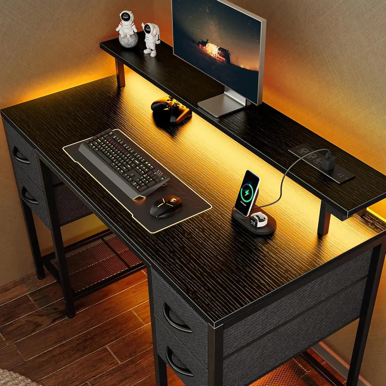 47 inch Computer Desk with 4 Drawers, Gaming Desk with LED Lights ...