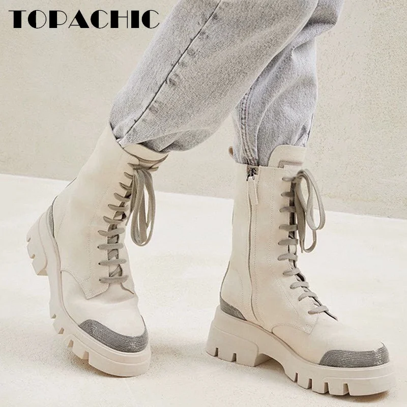 

10.31 TOPACHIC Women's Cow Suede Height Increasing Martin Boots Bead Chains Lace-Up Side Zipper High-Top Ankle Boots