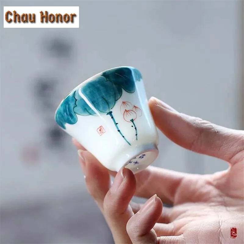 2pc/lot Lotus Handpainted Ceramic Cup Tea Cup Coffee Mug Pottery Cups Teacup Master Tea Mug Container Drinkware Decor Craft 45ml